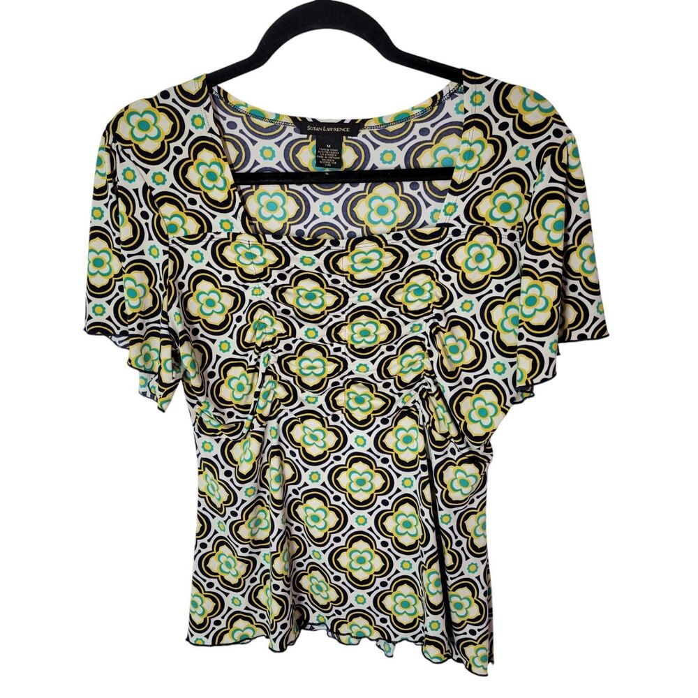 Susan Lawrence Womens Sz M Yellow Green Floral Short Sleeve Blouse